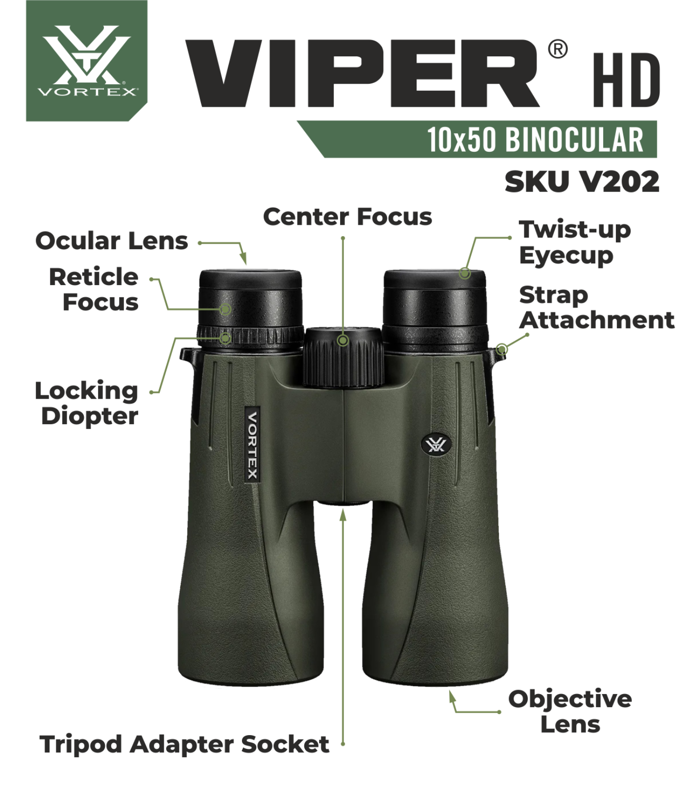 Vortex Optics Viper HD 10x50 Roof Prism Binocular V202 with with Free Hat and Wearable4U Bundle