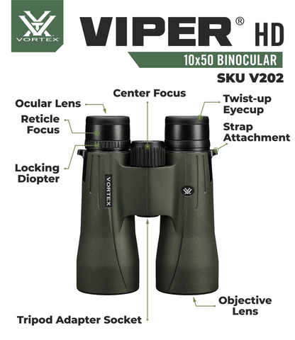 Vortex Optics Viper HD 10x50 Roof Prism Binocular V202 with with Free Hat and Wearable4U Bundle