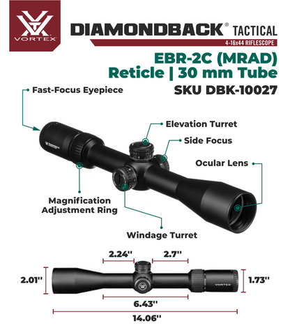 Vortex Optics Diamondback 4-16x44 FFP Riflescope EBR-2C (MRAD) Reticle, 30mm Tube with Wearable4U Bundle - DBK-10027_121-53-BCA