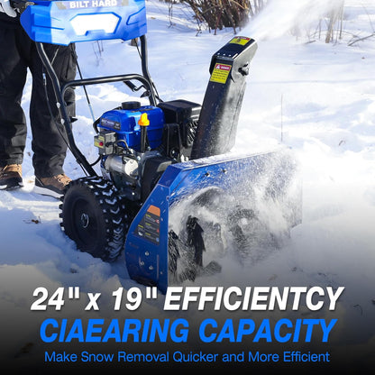 BILT HARD Snow Blower Gas Powered, 24 Inch 2-Stage Self-Propelled 212cc Engine with Electric Start, LED Headlight, 13" Snow Terrain Tires - TSA-0503