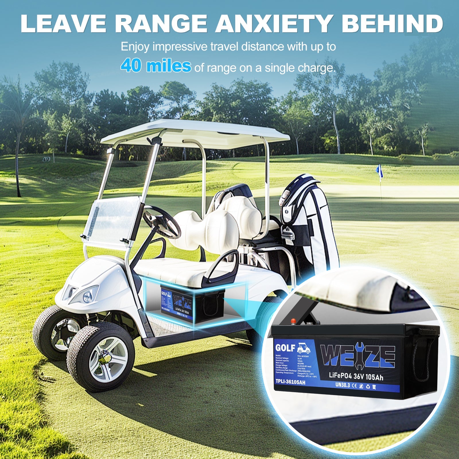 WEIZE 38.4V 105AH LiFePO4 Golf Cart Battery, 4032Wh Bluetooth Lithium Battery - BAC-0116