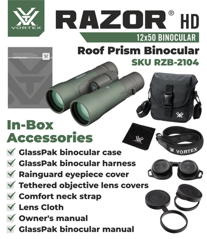 Vortex Optics Razor HD 12x50 Roof Prism Binocular RZB-2104 with Free Hat and Wearable4U Bundle - RZB-2104_Hat-CD_LCP