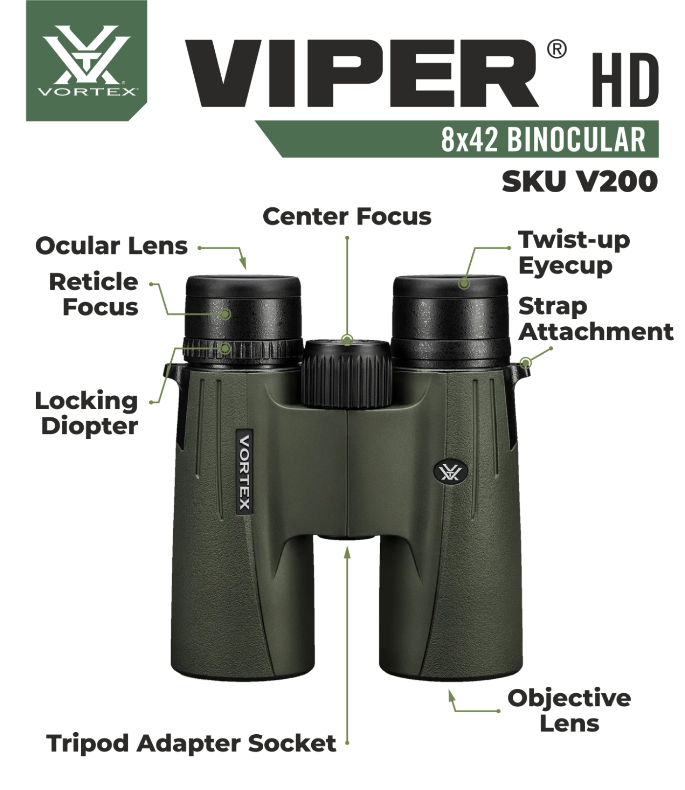 Vortex Optics Viper HD 8x42 Roof Prism Binocular V200 with Free Hat and Wearable4U Bundle  - V200_Hat-CD_LCP
