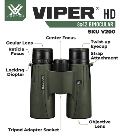 Vortex Optics Viper HD 8x42 Roof Prism Binocular V200 with Free Hat and Wearable4U Bundle  - V200_Hat-CD_LCP