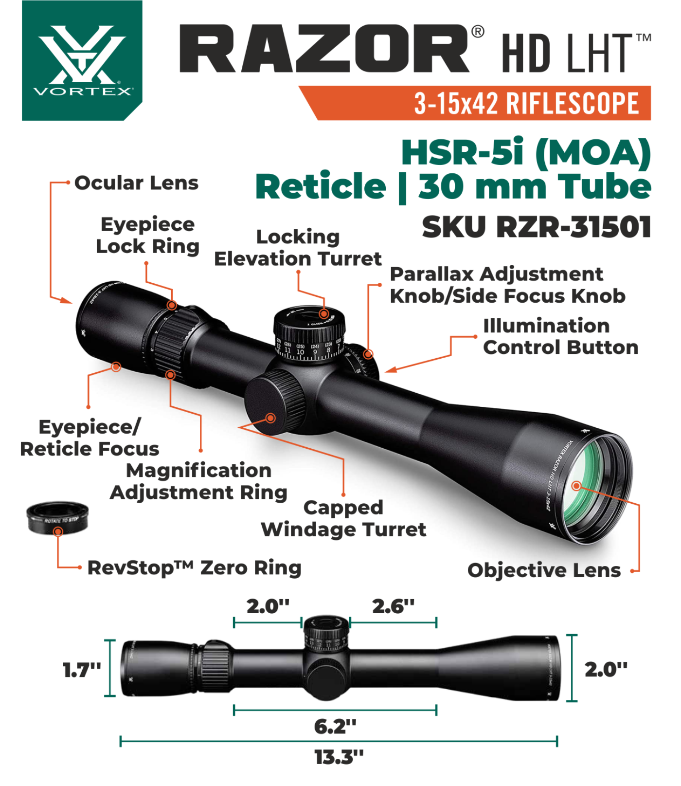 Vortex Optics Razor HD LHT 3-15x42 SFP HSR-5i (MOA) Reticle 30 mm Tube Riflescope with Mount and Hat Bundle - RZR-31501_Hat-CD
