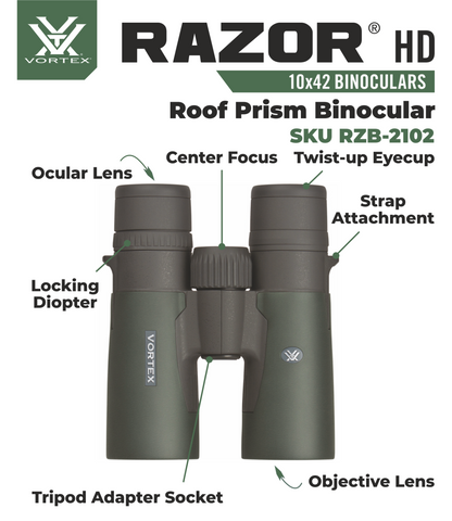 Vortex Optics Razor HD 10x42 Roof Prism Binocular RZB-2102 with Free Hat and Wearable4U Bundle - RZB-2102_Hat-CD_LCP