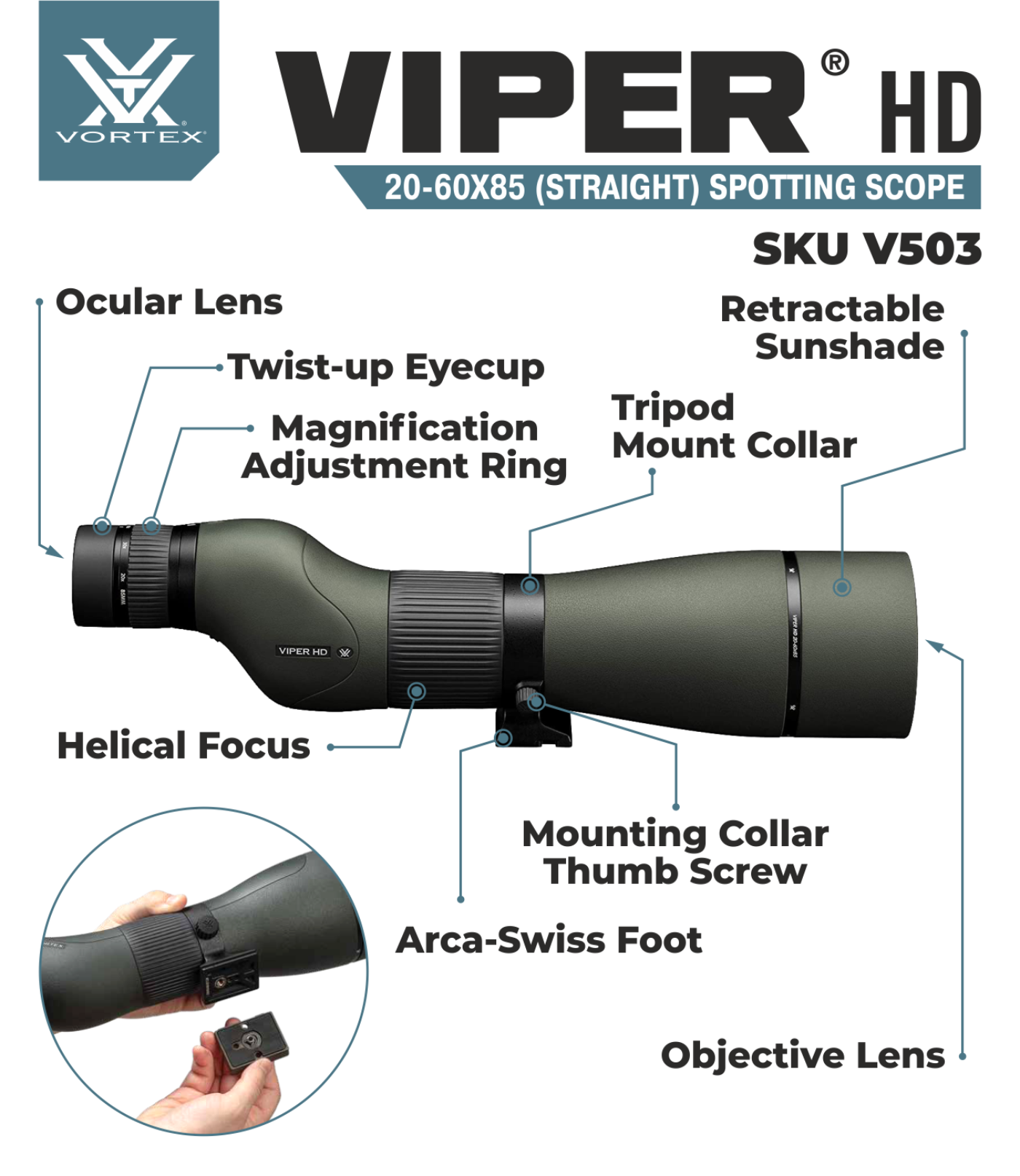 Vortex Optics Viper HD 20-60x85 Straight Spotting Scope V503 with Free Hat and Wearable4U Bundle - V503_Hat-CD_LCP