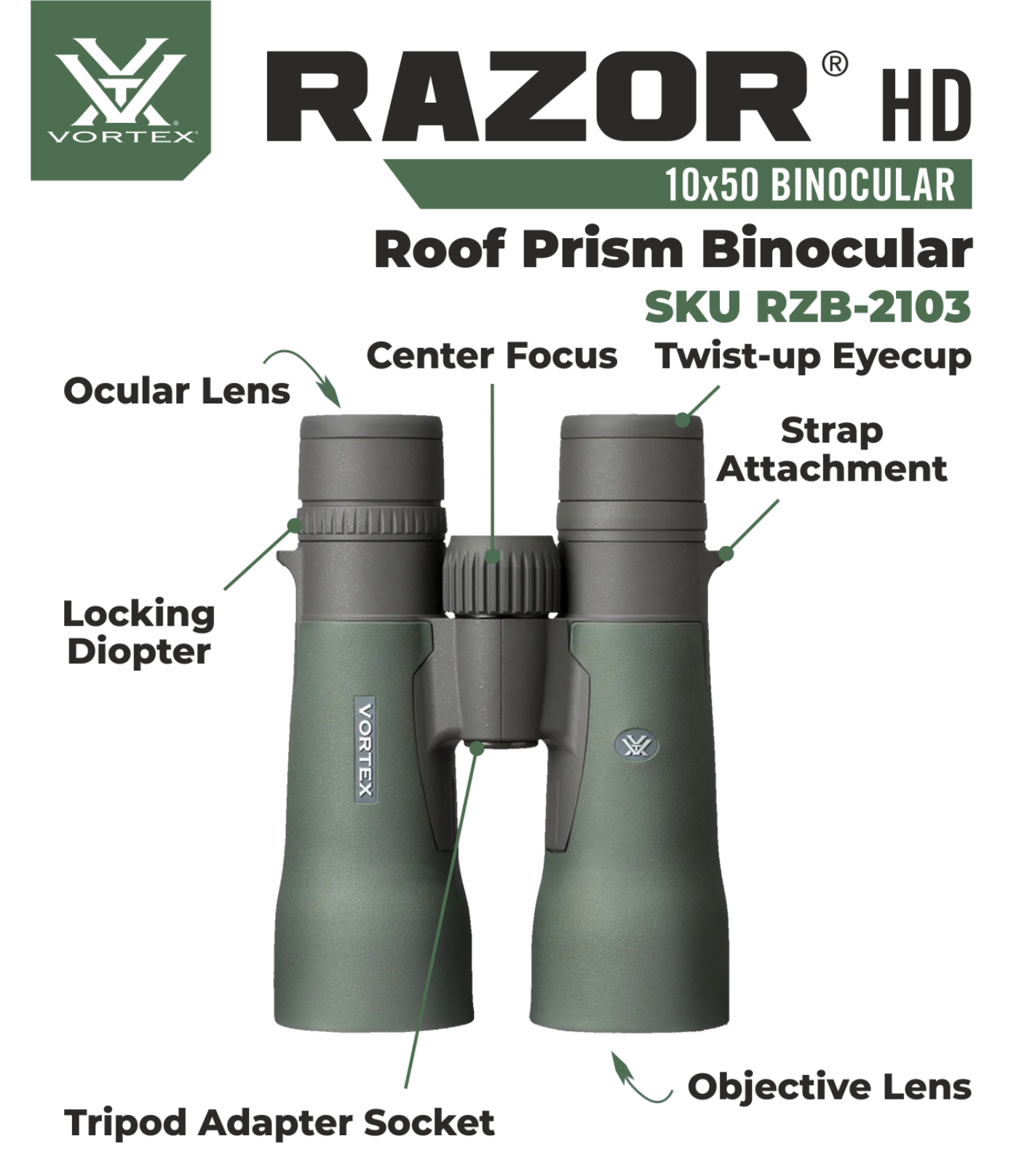 Vortex Optics Razor HD 10x50 Roof Prism Binocular RZB-2103 with Free Hat and Wearable4U Bundle - RZB-2103_Hat-CD_LCP