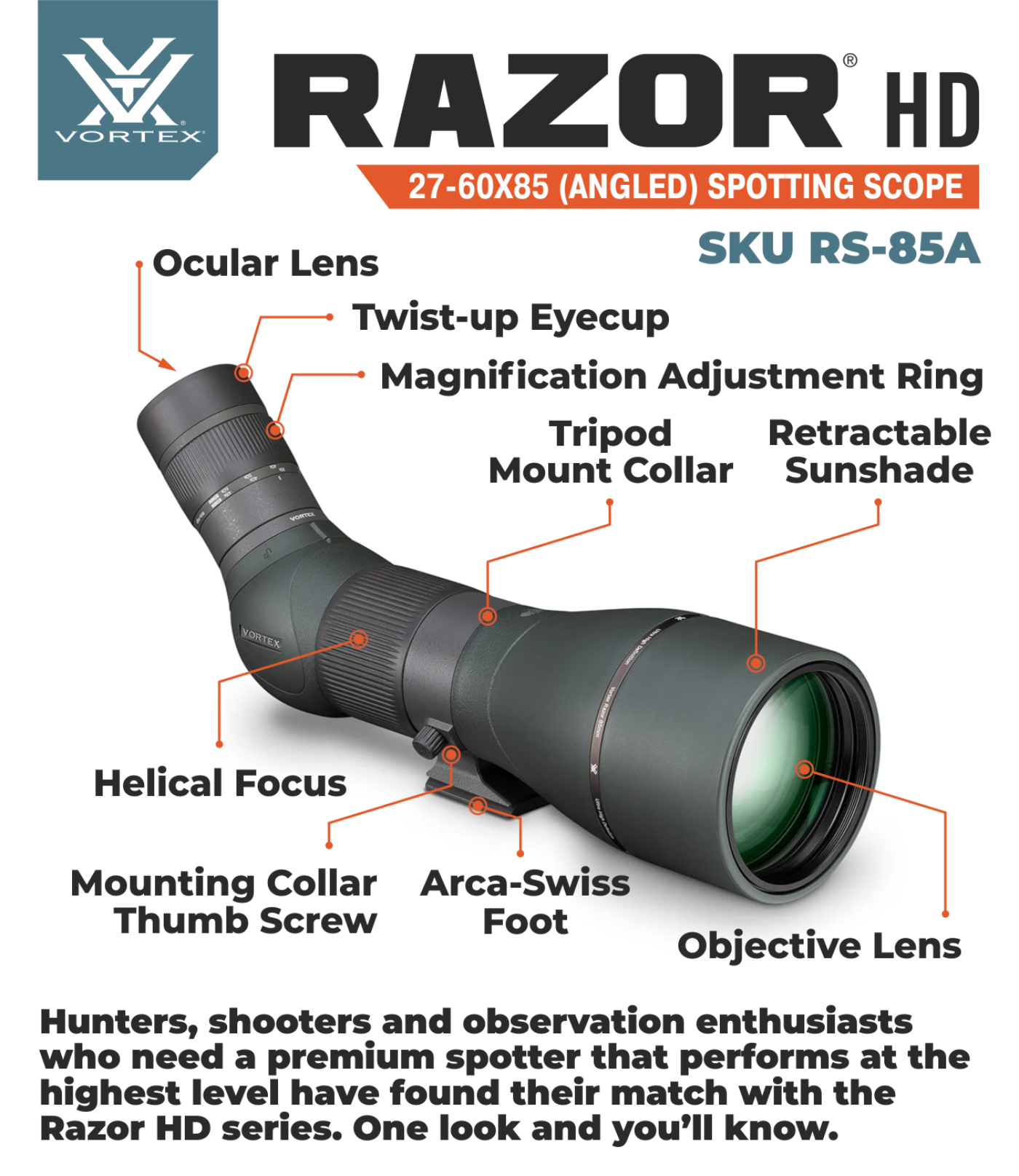 Vortex Optics Razor HD 27-60X85 (Angled) Spotting Scope RS-85A with Free Hat and Wearable4U Bundle - RS-85A_Hat-CD_LCP