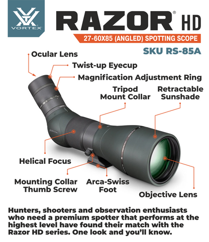 Vortex Optics Razor HD 27-60X85 (Angled) Spotting Scope RS-85A with Free Hat and Wearable4U Bundle - RS-85A_Hat-CD_LCP
