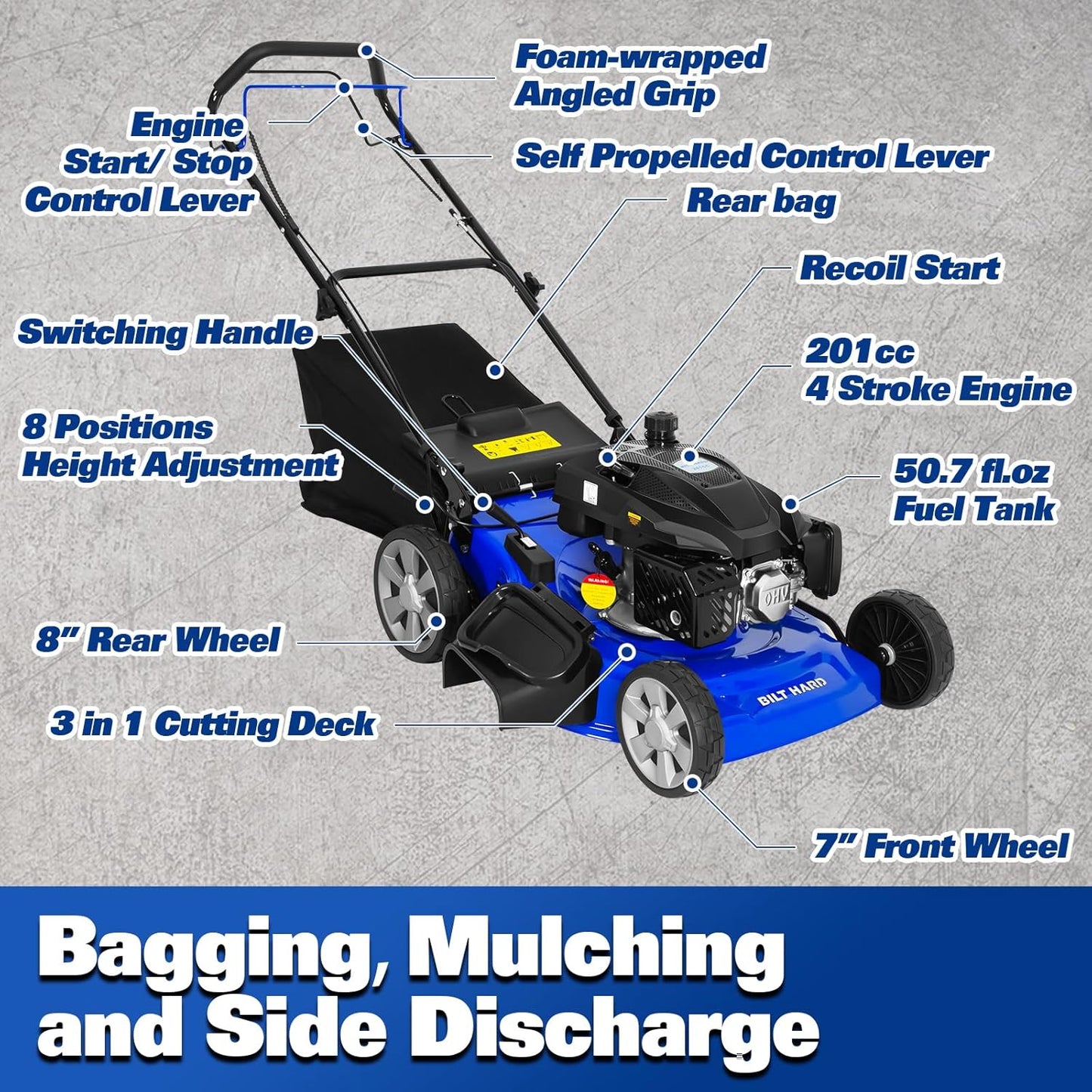 BILT HARD 21" Self Propelled Lawn Mower with 201cc Engine - TMA-0562