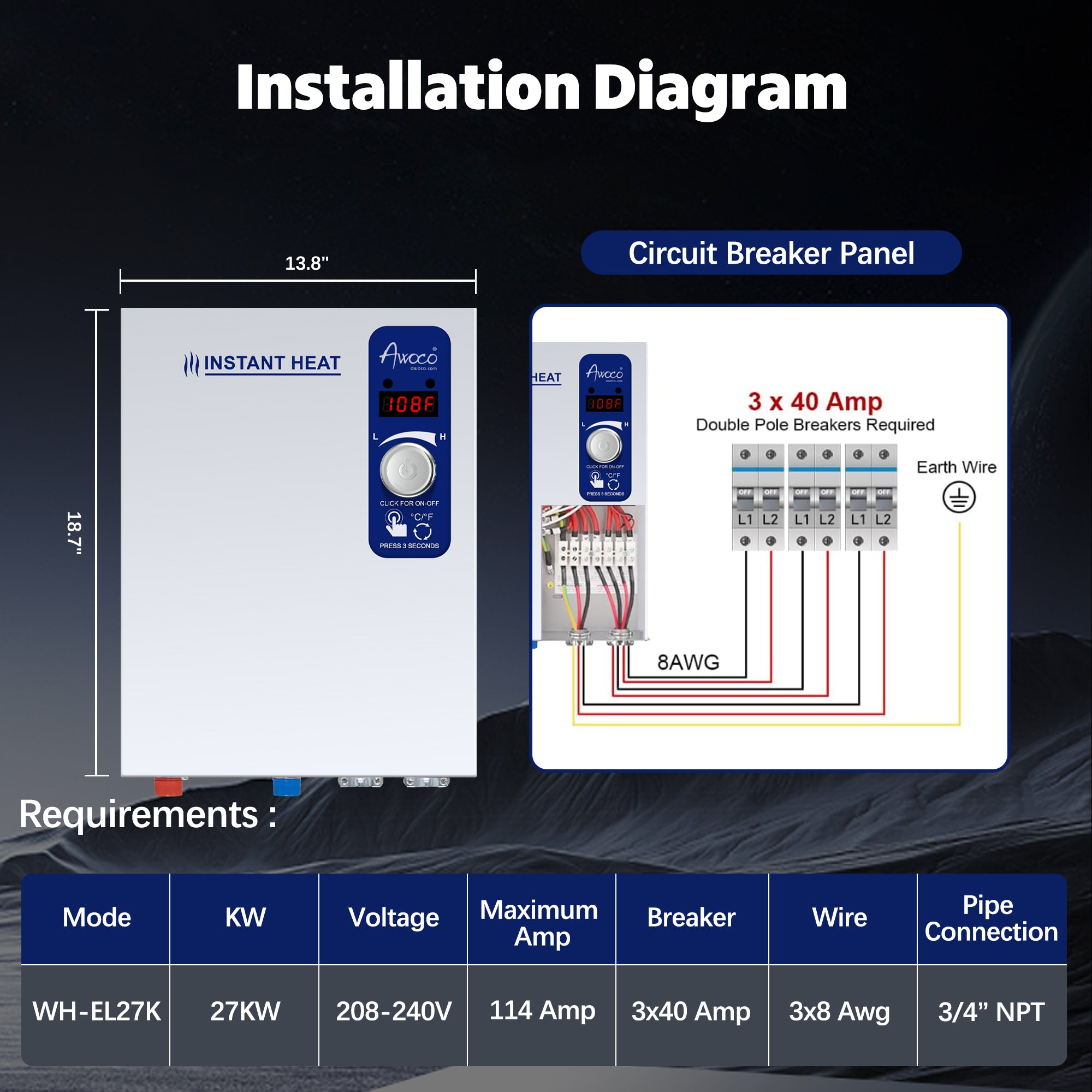 Awoco Electric Tankless Water Heater, 208-240V Adjustable Instant Heat Water Heater with Digital Temperature Display, Easy Install for Residential Whole Shower - WH-EL18K