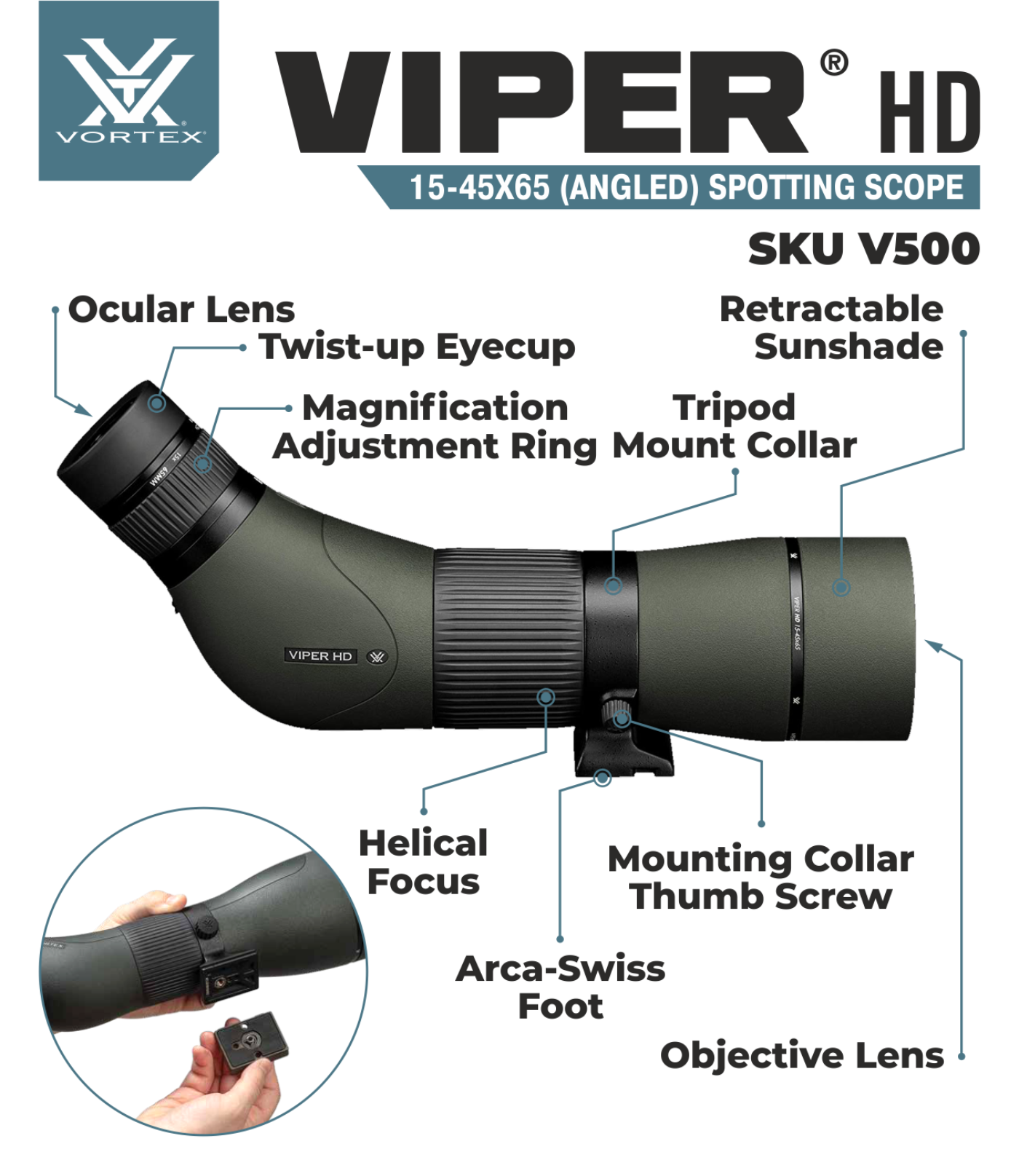 Vortex Optics Viper HD 15-45x65 Angled Spotting Scope with Free Hat and Wearable4U Bundle