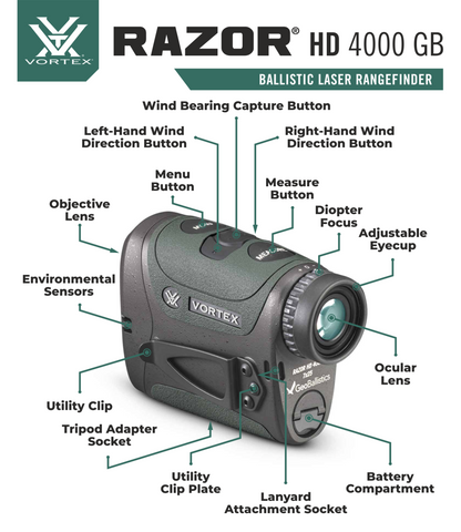 Vortex Optics Razor HD 4000 GB 7x25mm Ballistic Laser Rangefinder with Wearable4U Bundle - LRF-252