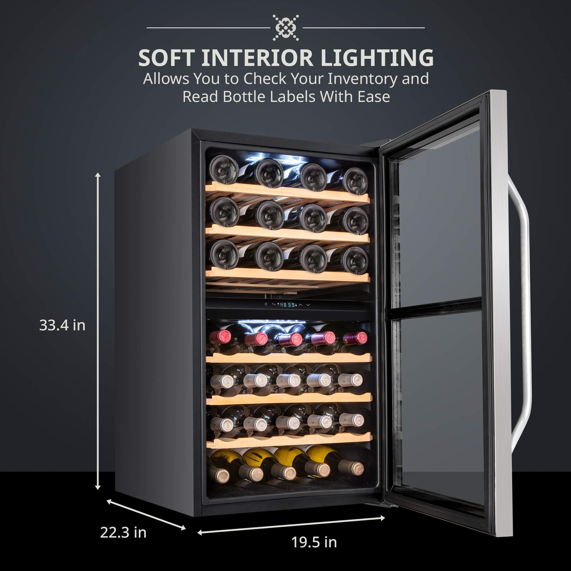 Ivation 43 Bottle Freestanding Wine Refrigerator, Dual Zone Wine Fridge with Lock, Stainless Steel - IVFWCC431DLWSS