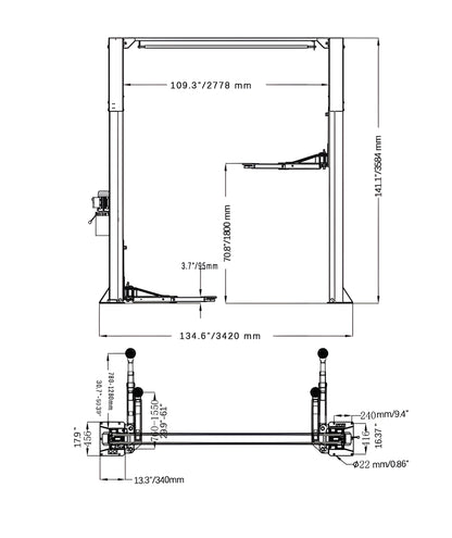 Katool Two Post Asymmetrical Vehicle Lift 11,000lbs Single Point Lock Release - KT-AS110D