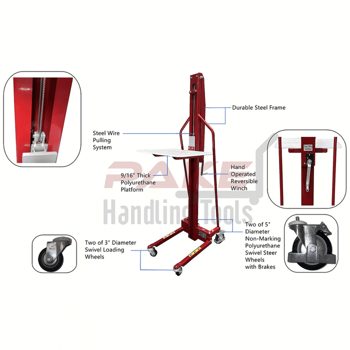 Pake Handling Tools Winch Stacker Manual Work Positioner Truck 220lb Capacity 59" Lift Height New - PAKMS04