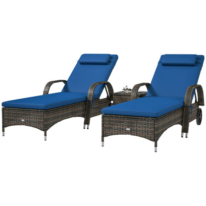 Outsunny 3-Piece Wicker Chaise Lounge Chair Set with Side Table, 5-Level Adjustable Backrest, Blue - 862-011V01BU
