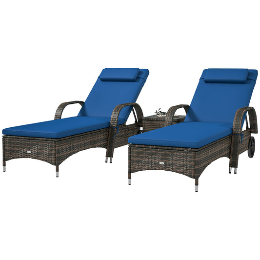 Outsunny 3-Piece Wicker Chaise Lounge Chair Set with Side Table, 5-Level Adjustable Backrest, Blue - 862-011V01BU