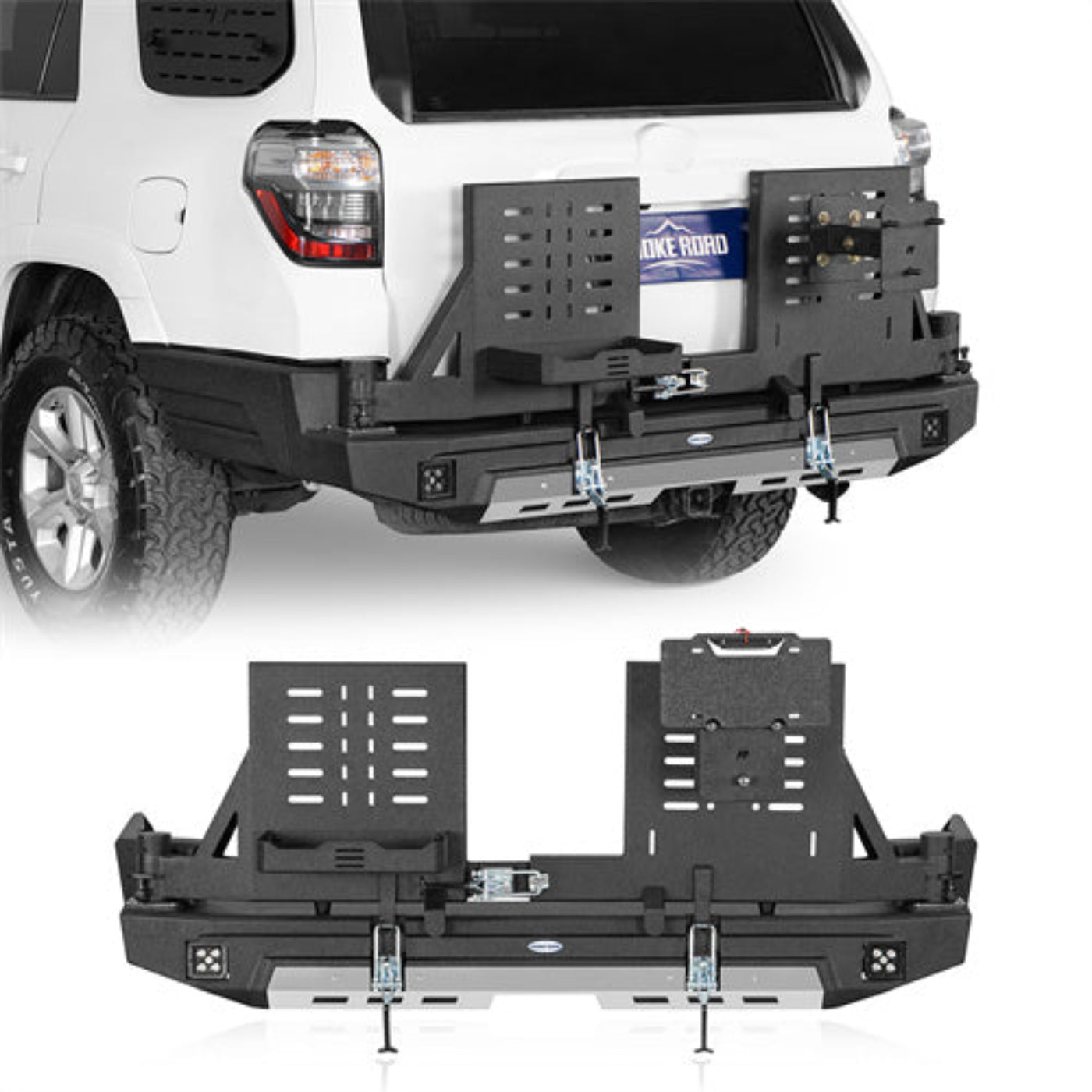 Hooke Road Rear Bumper w/ Dual Swing Arms & Tire Carrier & 5.3-Gallon Jerry Can Holder (10-24 Toyota 4Runner) HE.9811A-S+HE.9811B-S