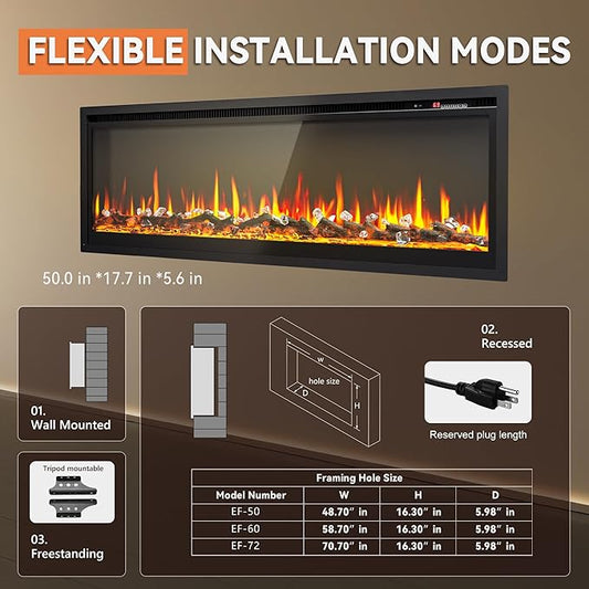 EUHOMY Electric Fireplace Recessed Wall Mounted Freestanding - EF-50