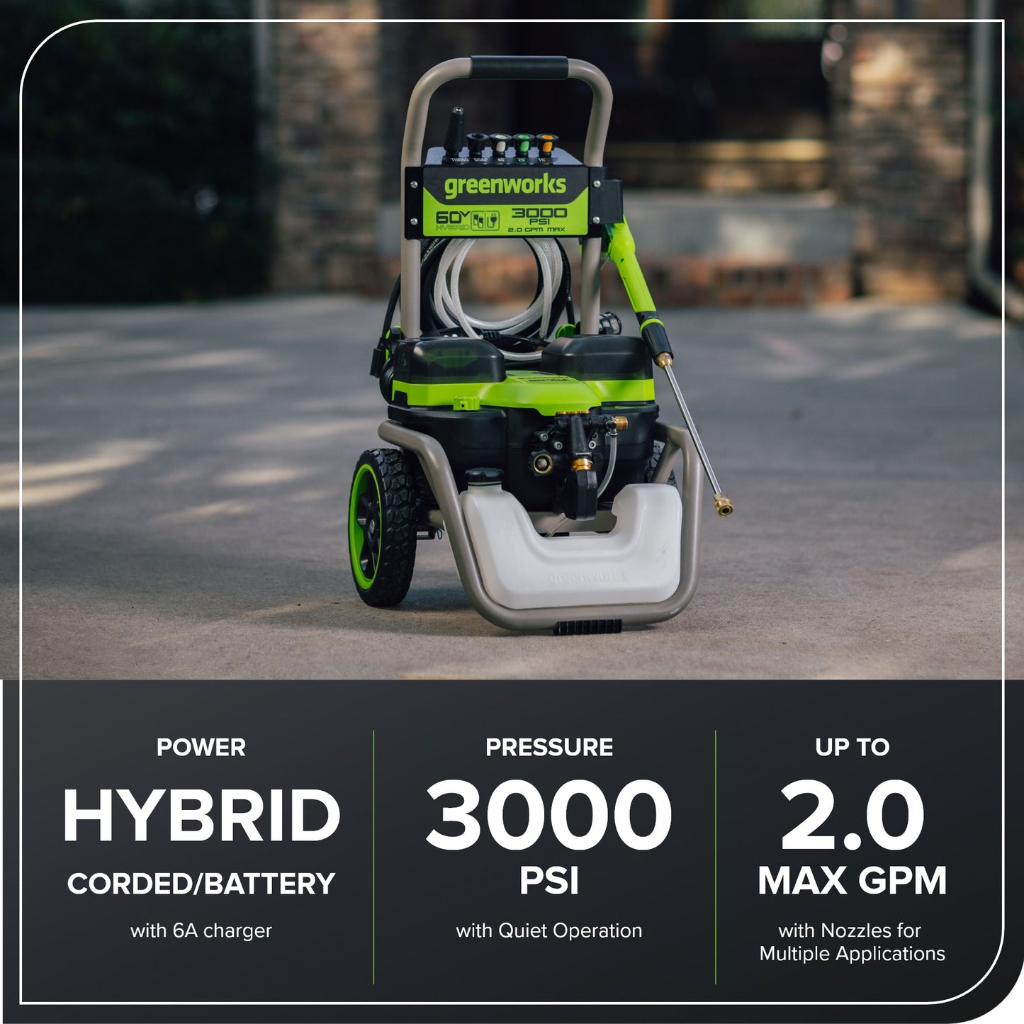 Greenworks Corded/60V 3000-PSI 2.0 GPM Electric Pressure Washer w/ (2) 5.0Ah Batteries & Dual-Port Charger - 5128202
