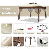 Outfine 12'x12' Gazebo Outdoor Pop up Canopy Tent with Curtains and Shelter for Patio, Party & Backyard Khaki - B09MW4Z987