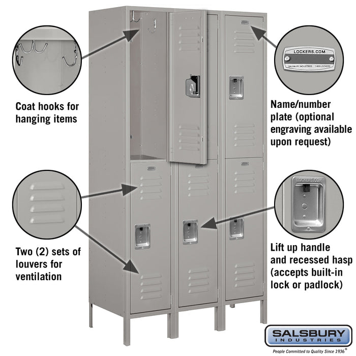 Salsbury 15" Wide Double Tier Standard Metal Lockers - 3 Wide - 52368GY-U