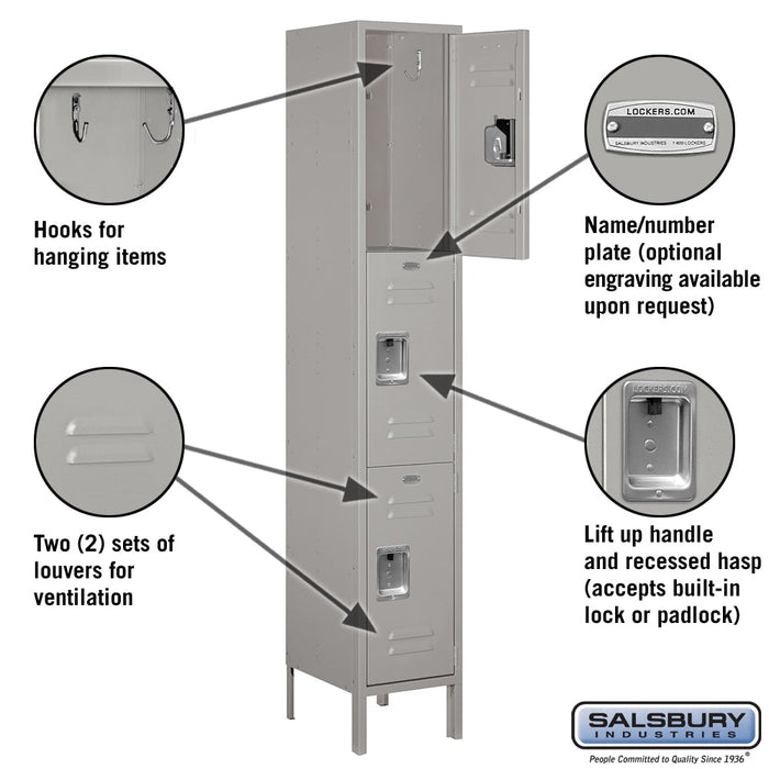 Salsbury 15" Wide Triple Tier Standard Metal Locker - 1 Wide - 53168GY-U