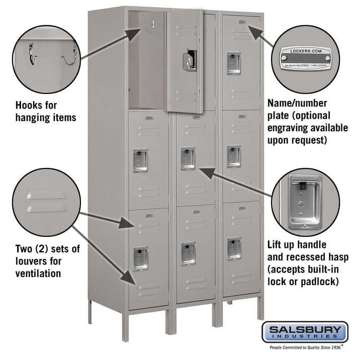 Salsbury 15" Wide Triple Tier Standard Metal Locker - 3 Wide - 53368BL-A