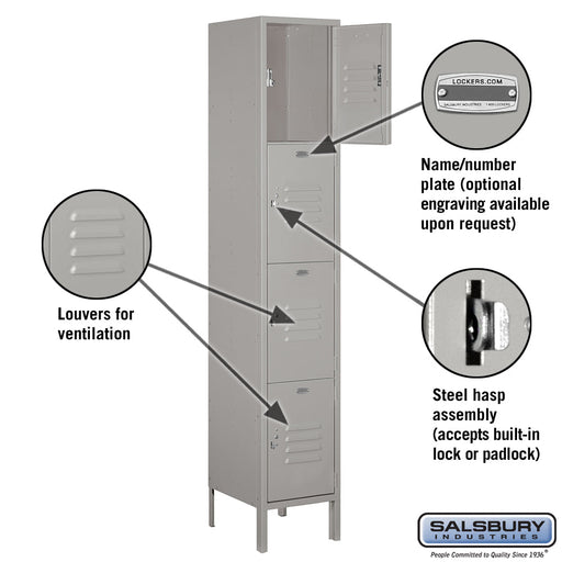 Salsbury 15" Wide Four Tier Standard Metal Locker - 1 Wide - 54165GY-U