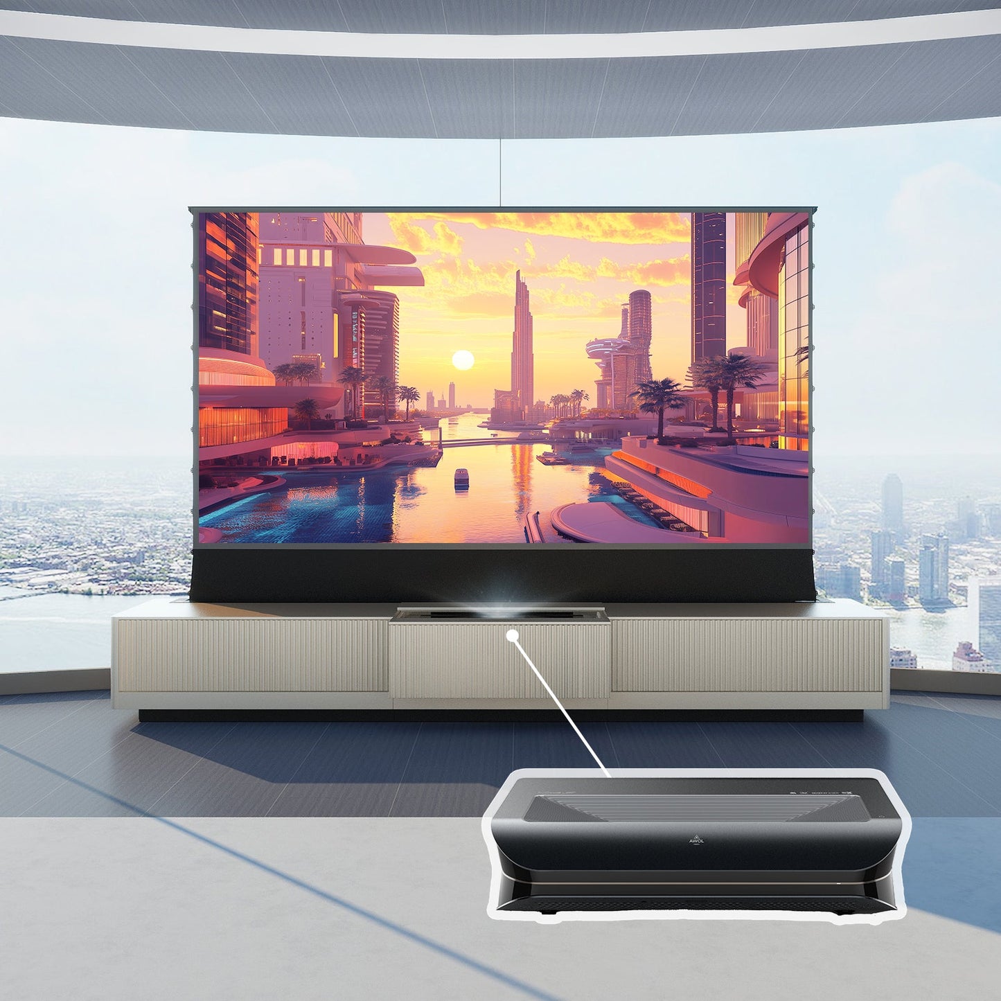 VIVIDSTORM Bundle-Projector&Screen&Motorized Laser TV Cabinet Geneva - VC49GE100C-VSDSTUST100H