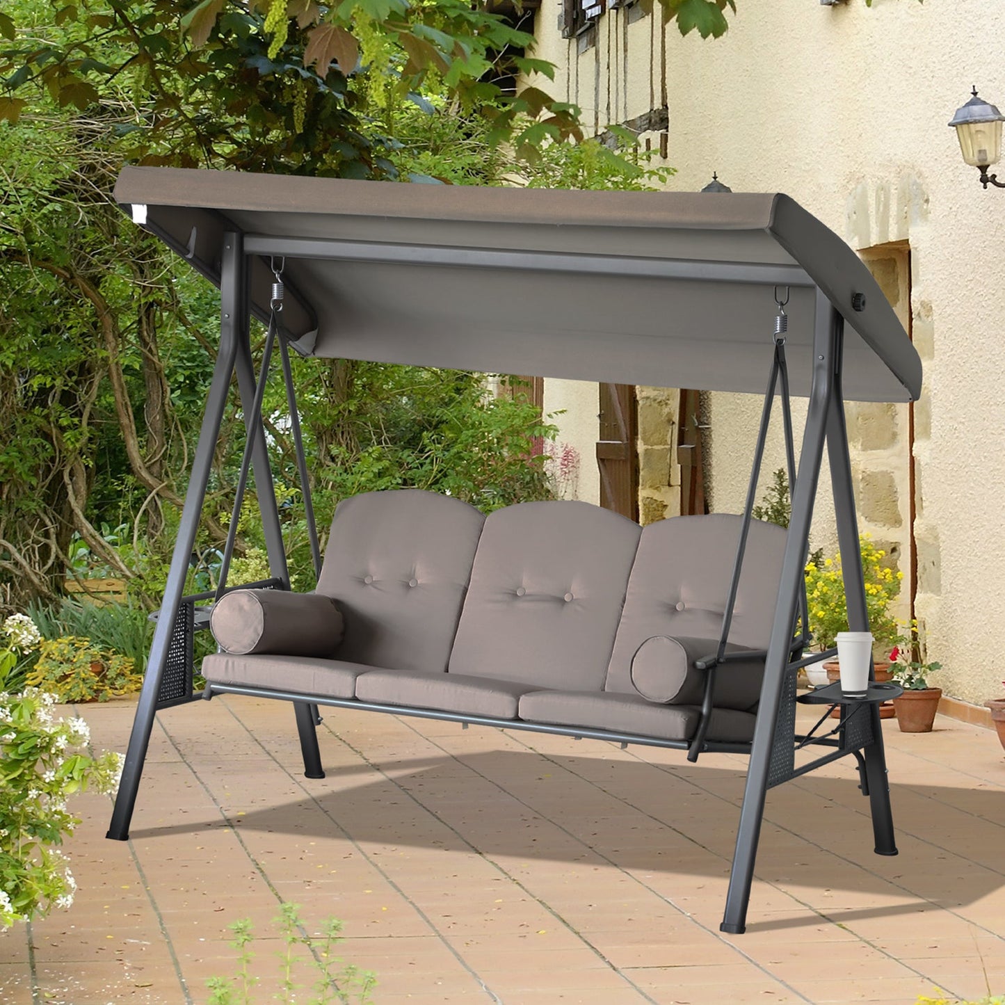 3-Seat Patio Swing Chair with Adjustable Canopy, Removable Cushion & Side Trays, Brown - 84A-068BN