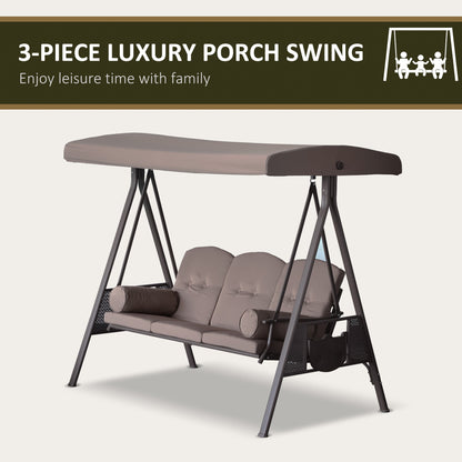 3-Seat Patio Swing Chair with Adjustable Canopy, Removable Cushion & Side Trays, Brown - 84A-068BN