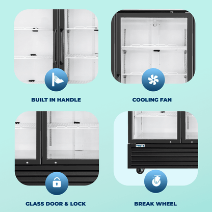 Frigos Commercial Merchandising Refrigerator 80" Width Black Swing Glass 3 Door with LED Lighting with Aluminum Interior with 304 Stainless Steel Floor - FG-MR-3D-G