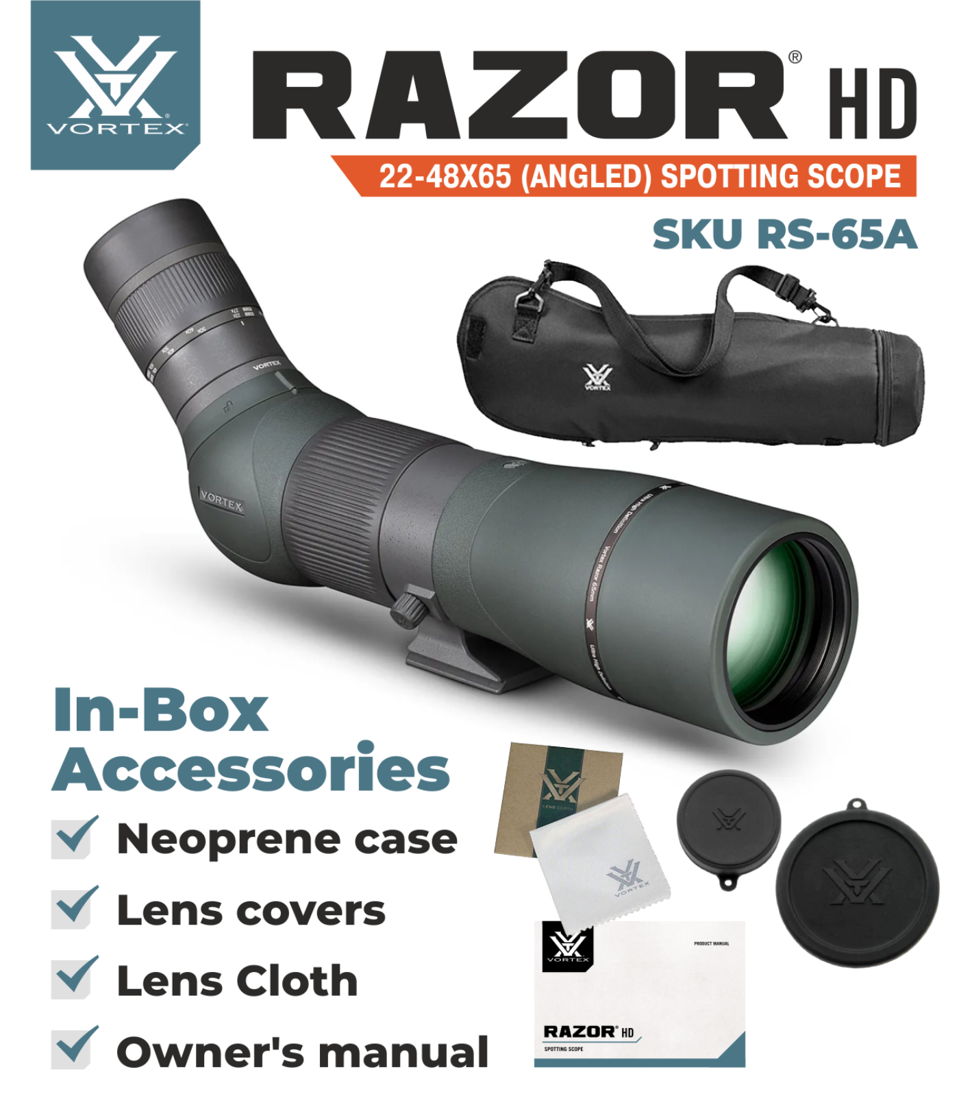 Vortex Optics Razor HD 22-48x65 (Angled) Spotting Scope with Free Hat and Wearable4U Bundle - RS-65A_Hat-CD_LCP