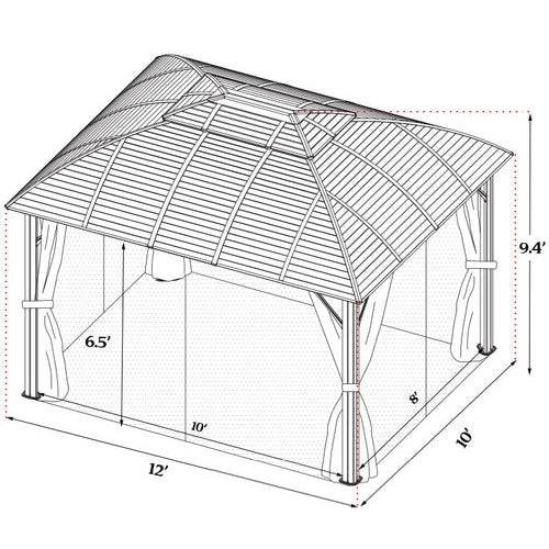 Kozyard Odyssey 10'x12' Hardtop Aluminum Permanent Gazebo with a Mosquito Net Sidewall and Privacy Wall Odyssey 10'x12' - KZOHG1012