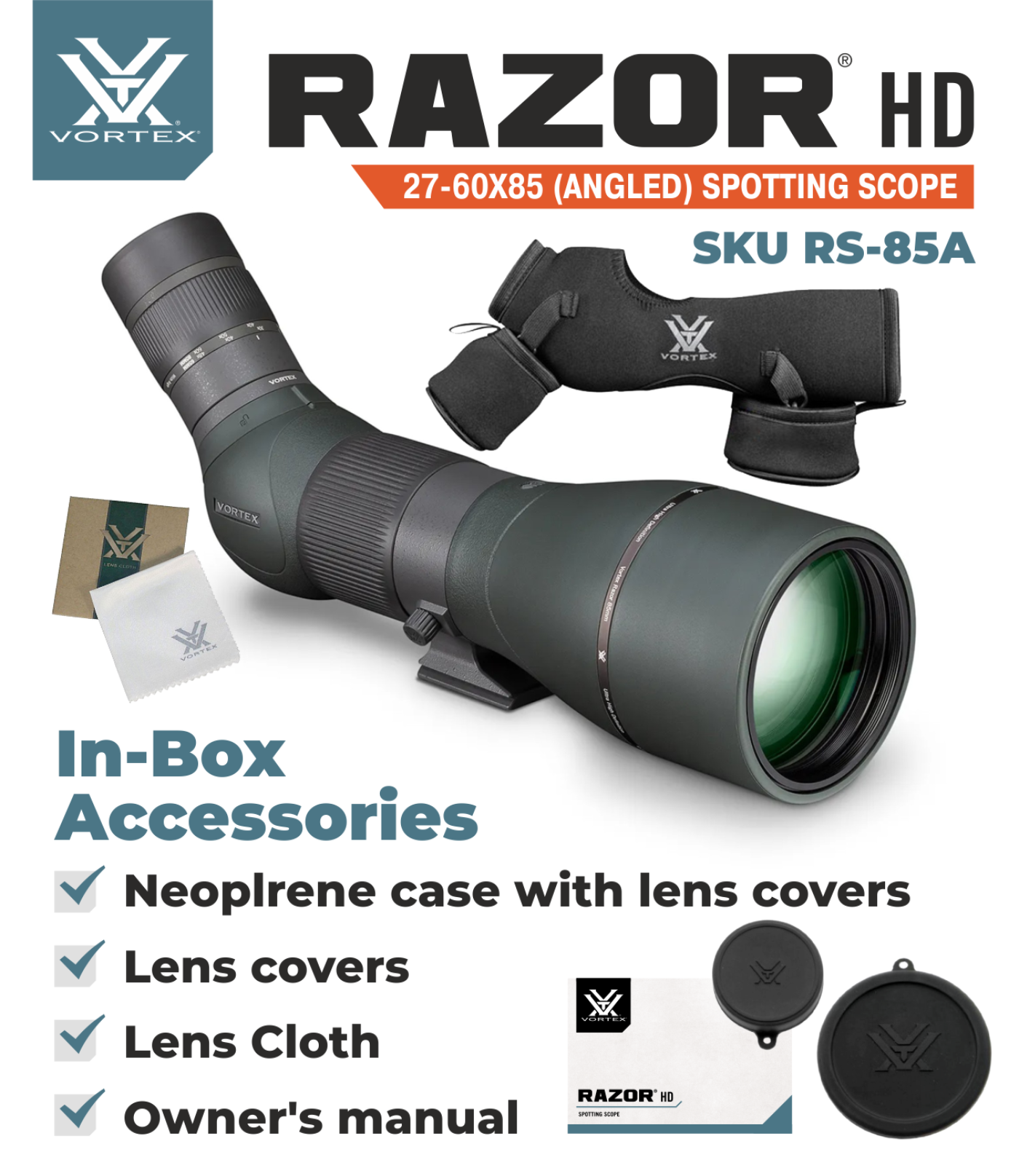 Vortex Optics Razor HD 27-60X85 (Angled) Spotting Scope RS-85A with Free Hat and Wearable4U Bundle - RS-85A_Hat-CD_LCP