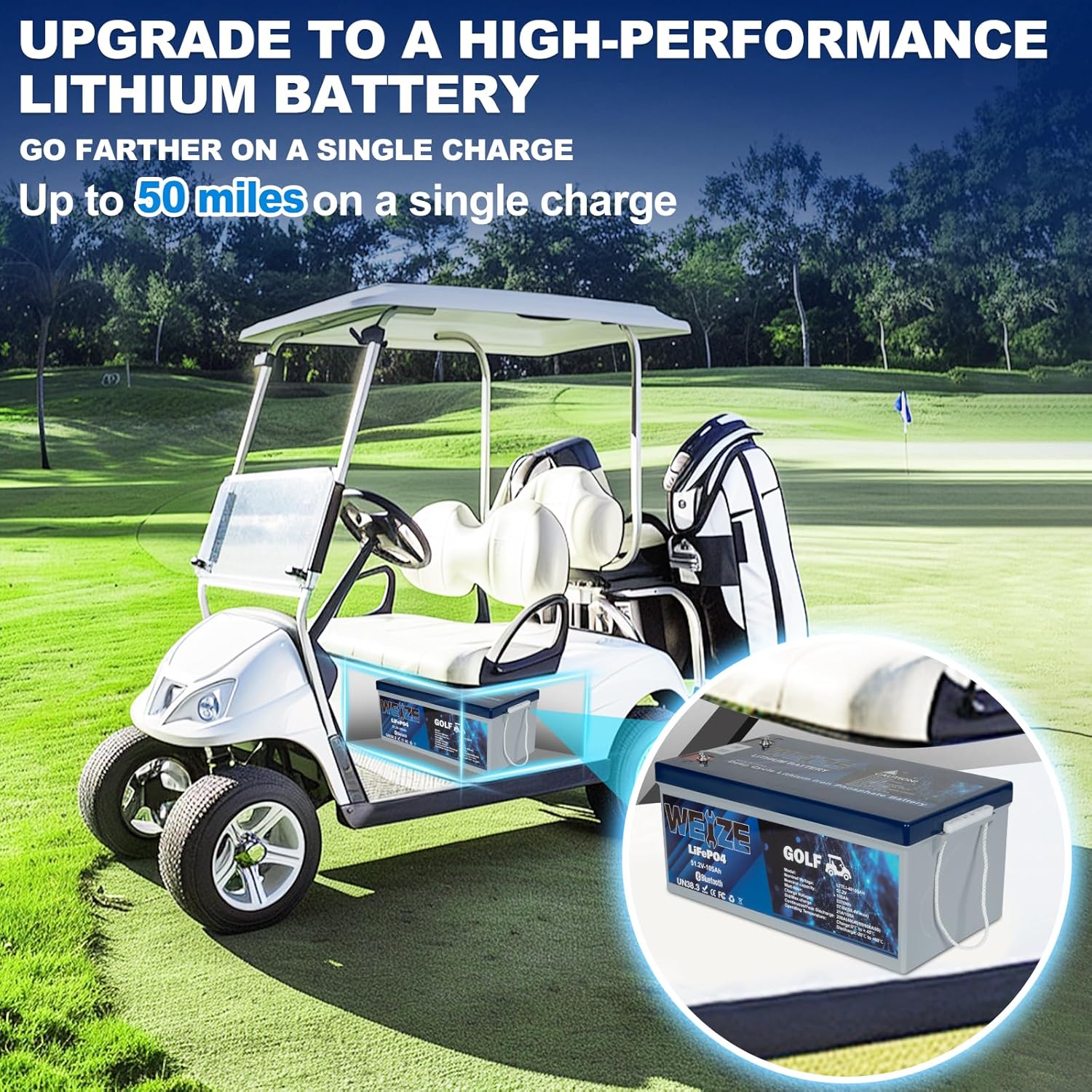 WEIZE 48V 105AH Bluetooth LiFePO4 Lithium Battery, Built-in 200A BMS, Low-Temp Protection Deep Cycle 400A/35S Peak Discharge Battery Perfect for Golf Cart, Trolling Motor, Solar System, RV, Off Grid - BAC-0126VWEI