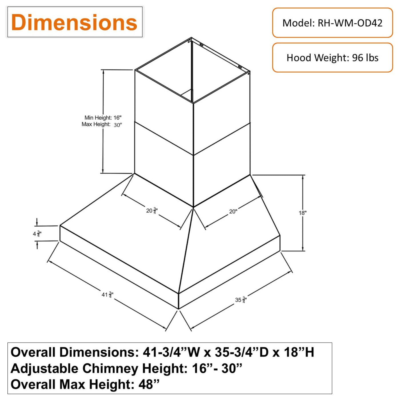 Awoco 42” Outdoor BBQ Wall Mount Vent Hood Type 304 Stainless Steel, 4 Speeds 1000 CFM, Adjustable LED Lights, 8” Round Top Vent - AWC-RH-WM-OD42