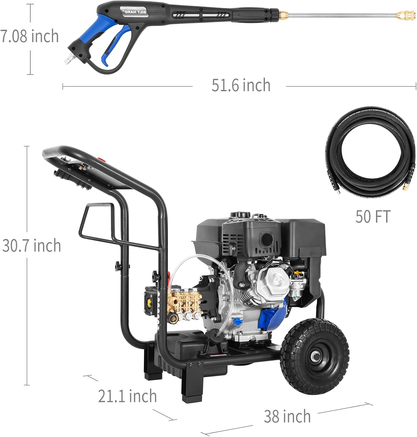BILT HARD 4000 PSI Gas Pressure Washer, 302cc Engine, 4.0 GPM, Spray Gun, Wand, 5 QC Nozzles, 50 Ft Hose - THA-0356