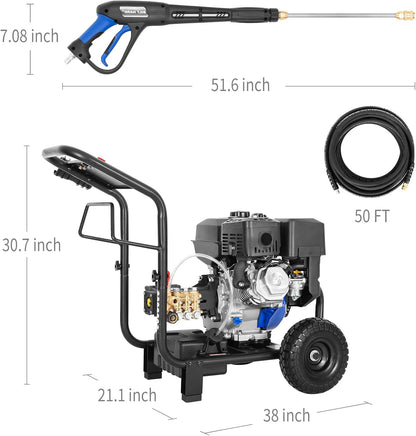 BILT HARD 4000 PSI Gas Pressure Washer, 302cc Engine, 4.0 GPM, Spray Gun, Wand, 5 QC Nozzles, 50 Ft Hose - THA-0356
