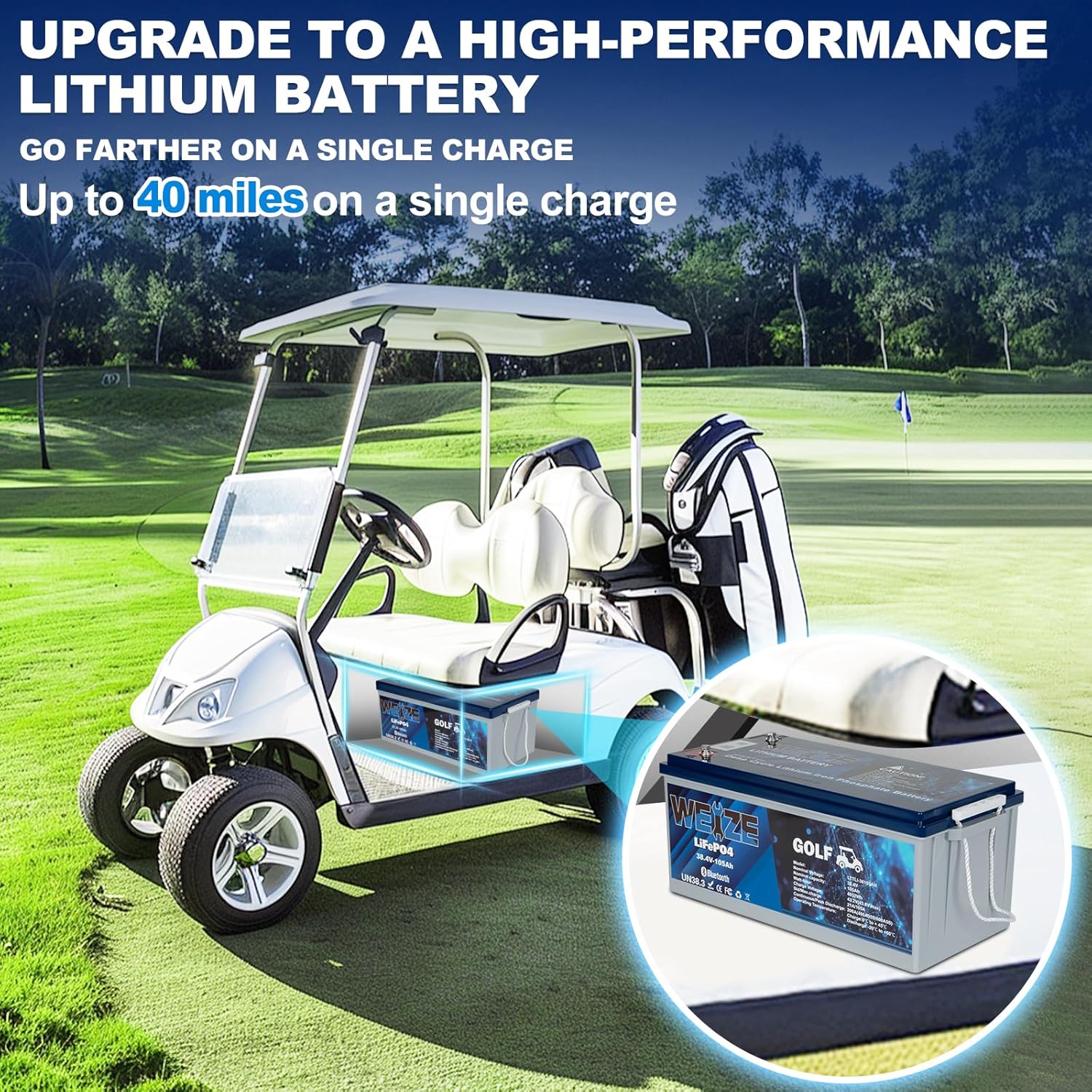 WEIZE 36V 105AH Bluetooth LiFePO4 Lithium Battery, Built-in 200A BMS, Low-Temp Protection Deep Cycle 400A/35S Peak Discharge Battery Perfect for Golf Cart, Trolling Motor, Solar System, RV, Off Grid - BAC-0125VWEI