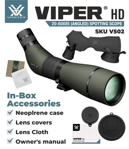 Vortex Optics Viper HD 20-60x85 Angled Spotting Scope V502 with Wearable4U Bundle - V502_Hat-CD_LCP