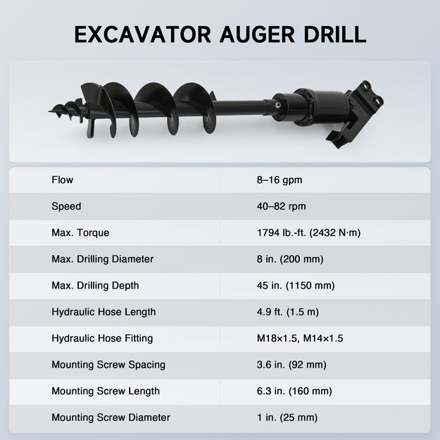 Creworks Hydraulic Auger Drill Attachment for Mini Excavator 8" Diameter 45" Depth