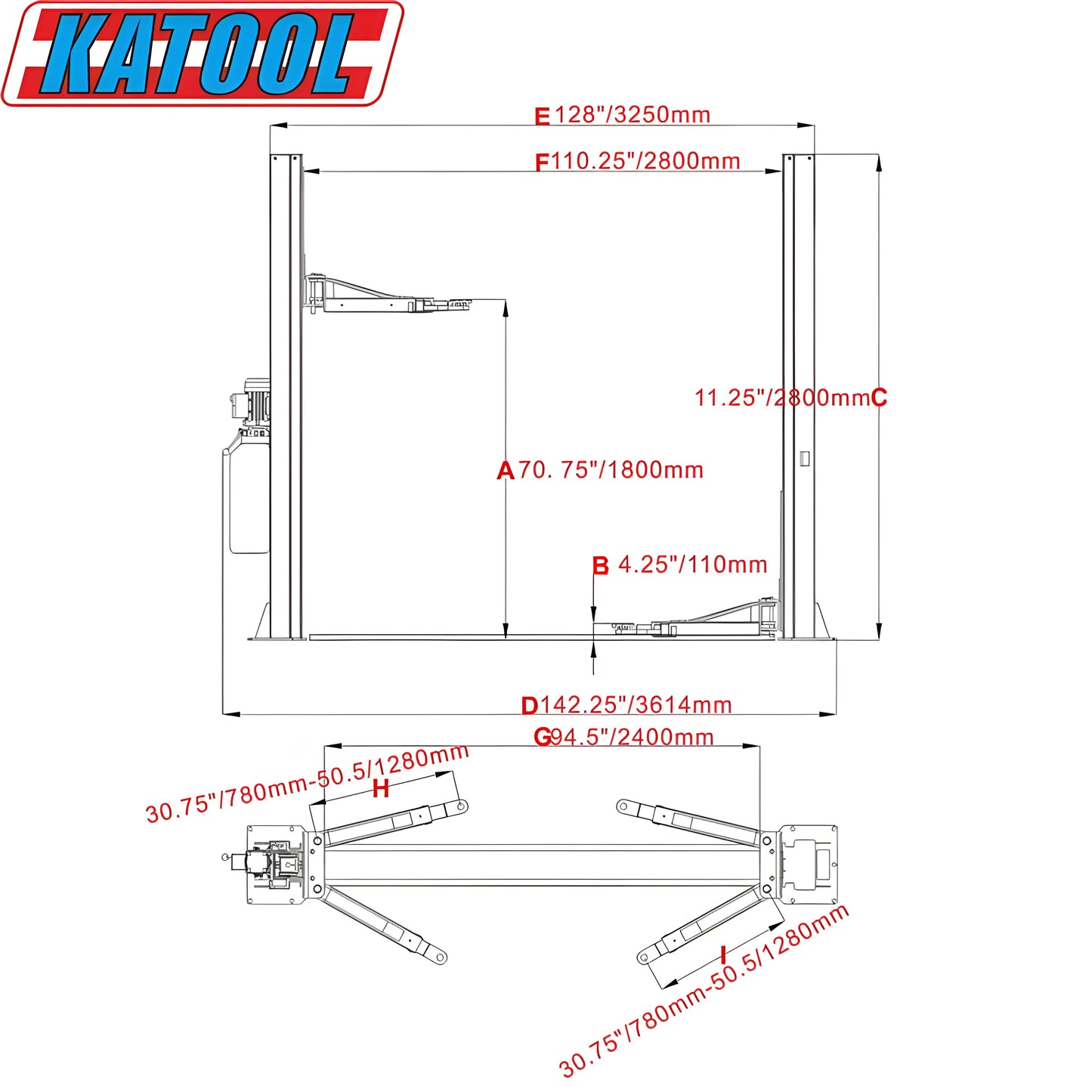Katool Two Post Vehicle Lift 10,000lbs H100 - KT-H100