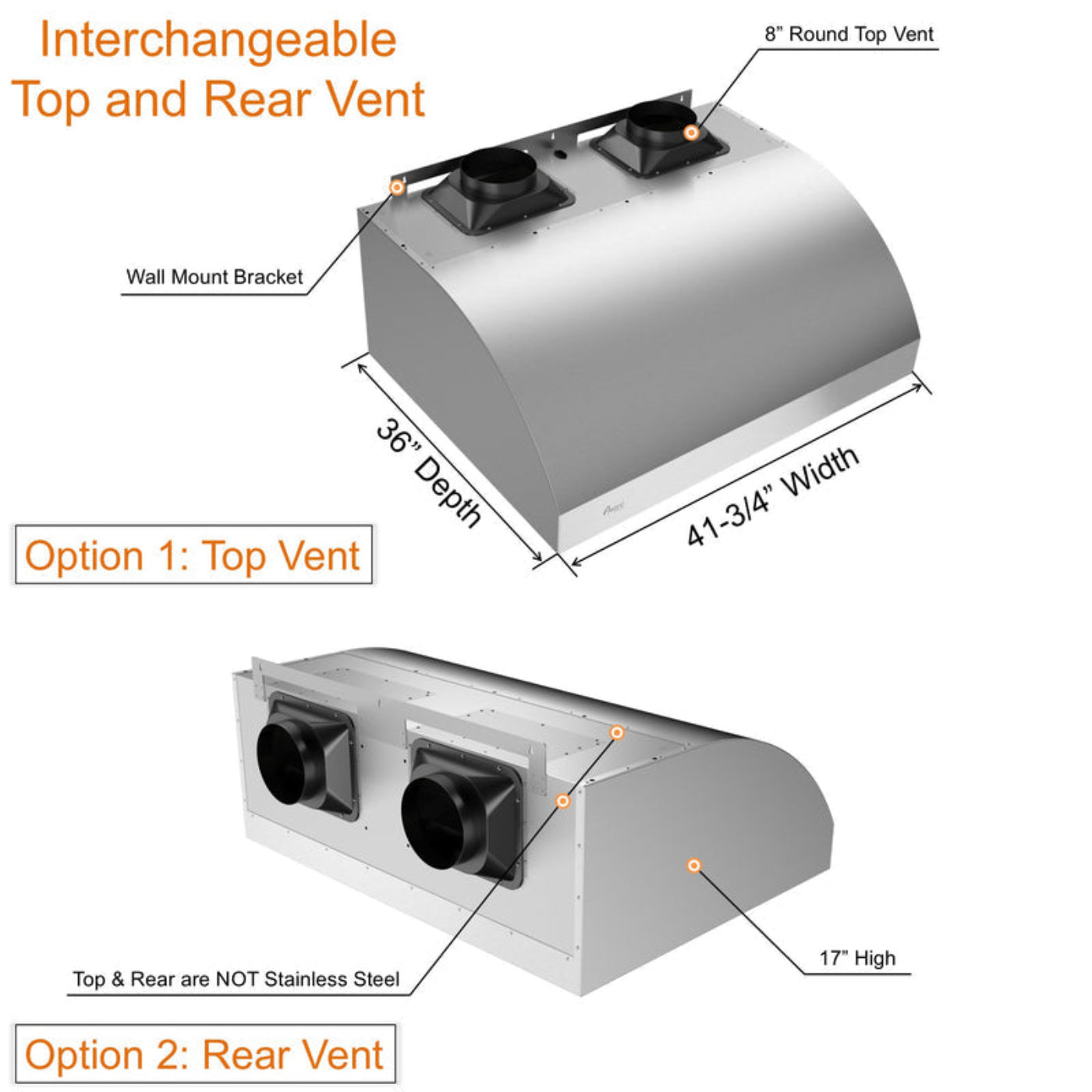 Awoco 42” Outdoor BBQ Vent Hood 17” High Type 304 Stainless Steel, 4 Speeds 2000 CFM, Dual Blowers, Adjustable LED Lights, 8” Round Top Vent - AWC-RH-WM-BBQ42