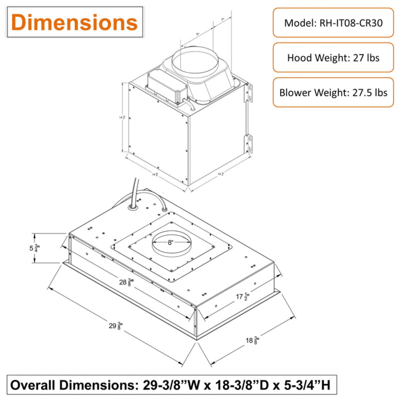 Awoco RH-IT08-CR Flush Ceiling Mount Split Insert Range Hood, Stainless Steel 4 Speeds 1000 CFM, 8” Round Vent LED Lights Remote Control - RH-IT08-CR30