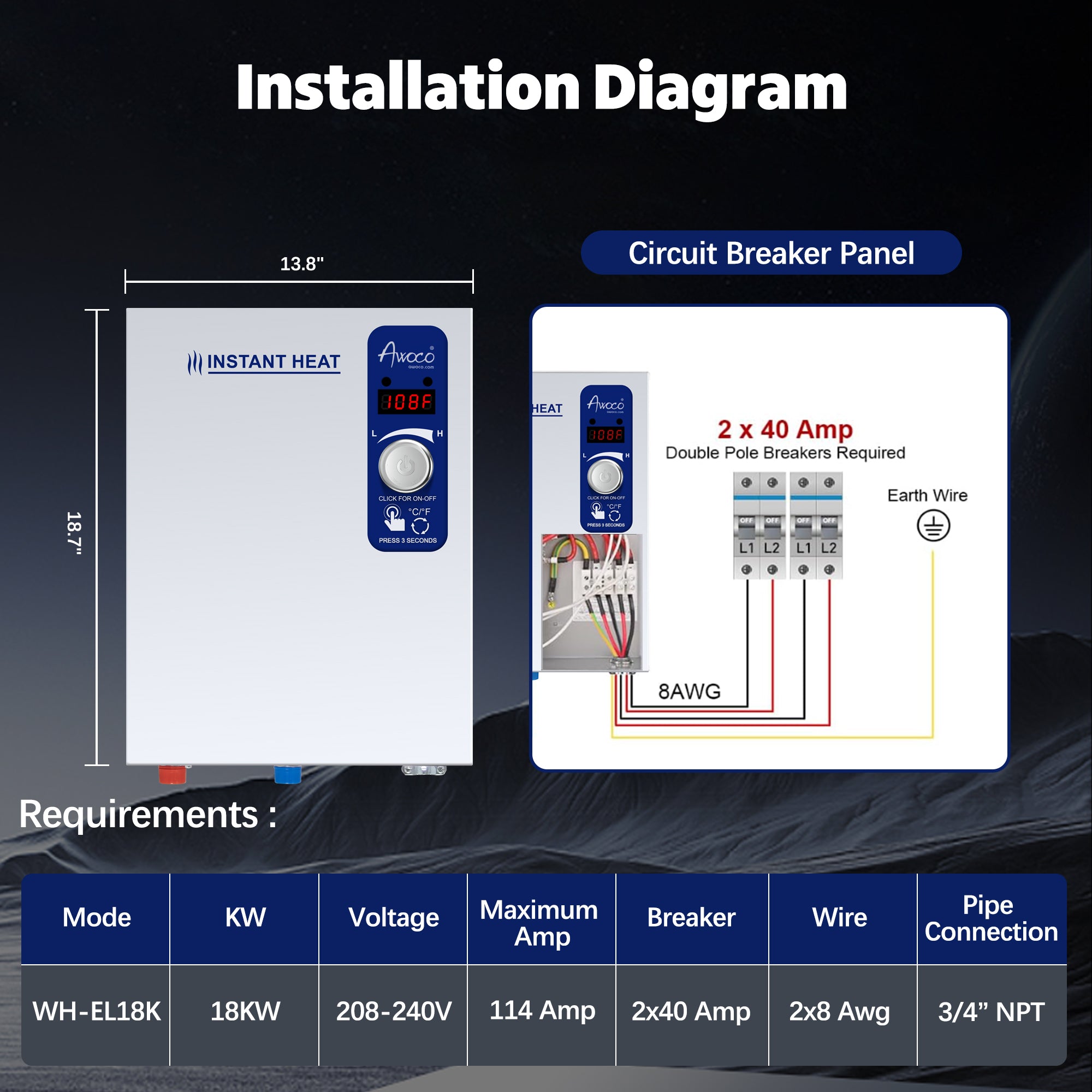 Awoco Electric Tankless Water Heater, 208-240V Adjustable Instant Heat Water Heater with Digital Temperature Display, Easy Install for Residential Whole Shower - WH-EL18K