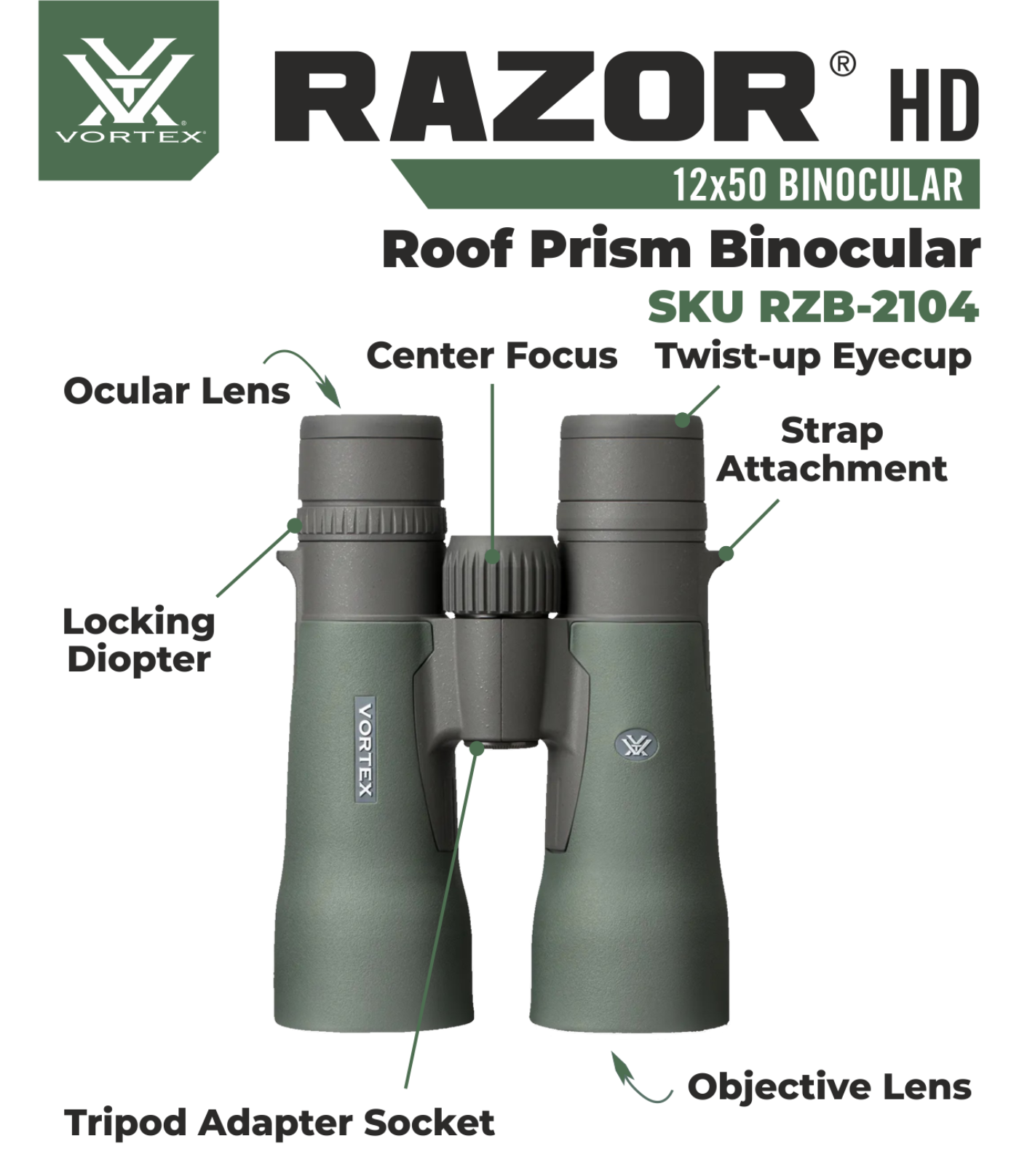 Vortex Optics Razor HD 12x50 Roof Prism Binocular RZB-2104 with Free Hat and Wearable4U Bundle - RZB-2104_Hat-CD_LCP